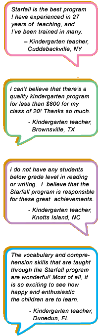 Starfall is the best program I have experienced in 27 years of  teaching, and I�ve been trained in many. -Kindergarten teacher, Cuddebackville, NY