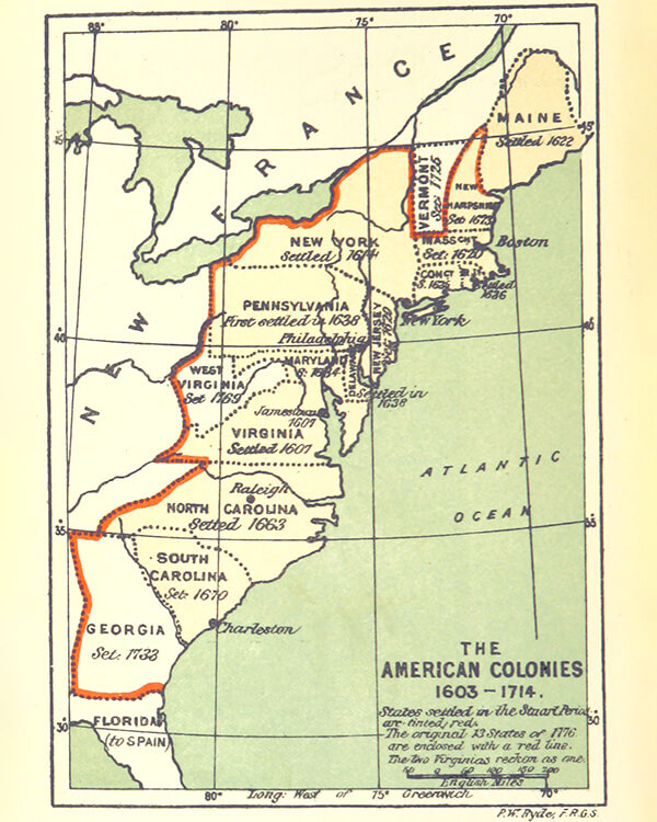 Map of the 13 American Colonies, dated 1603 - 1714