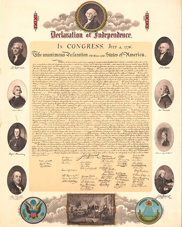 The Declaration of Independence with paintings of the signers.