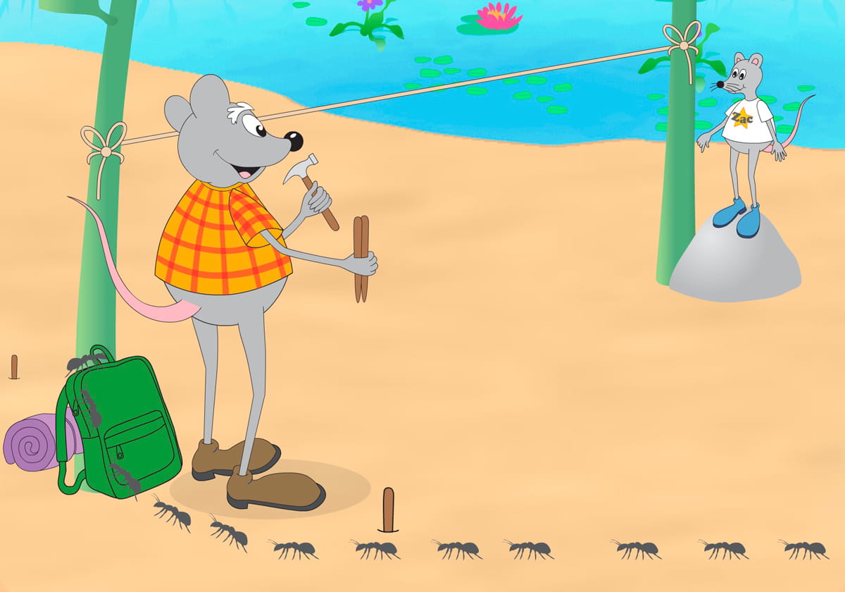 Zac's dad holds tent stakes and a hammer while ants crawl across his backpack.