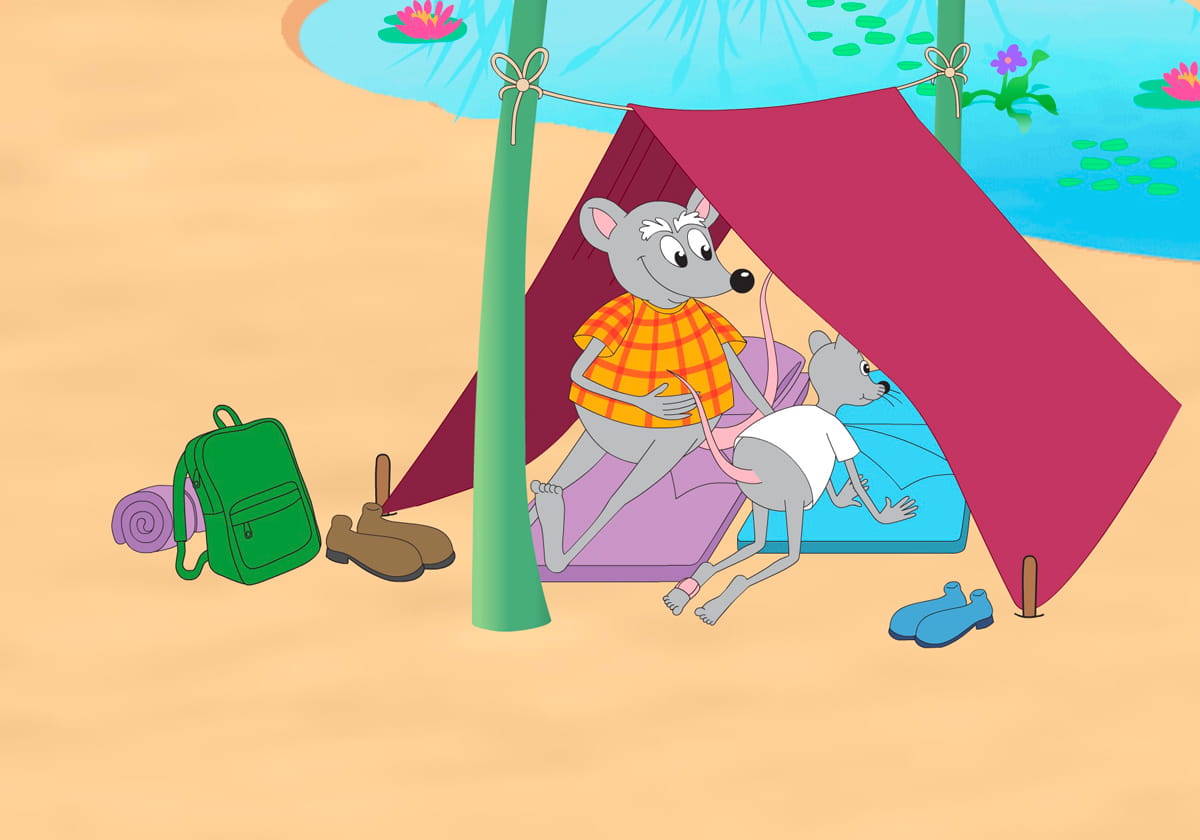 Zac crawls into the tent.