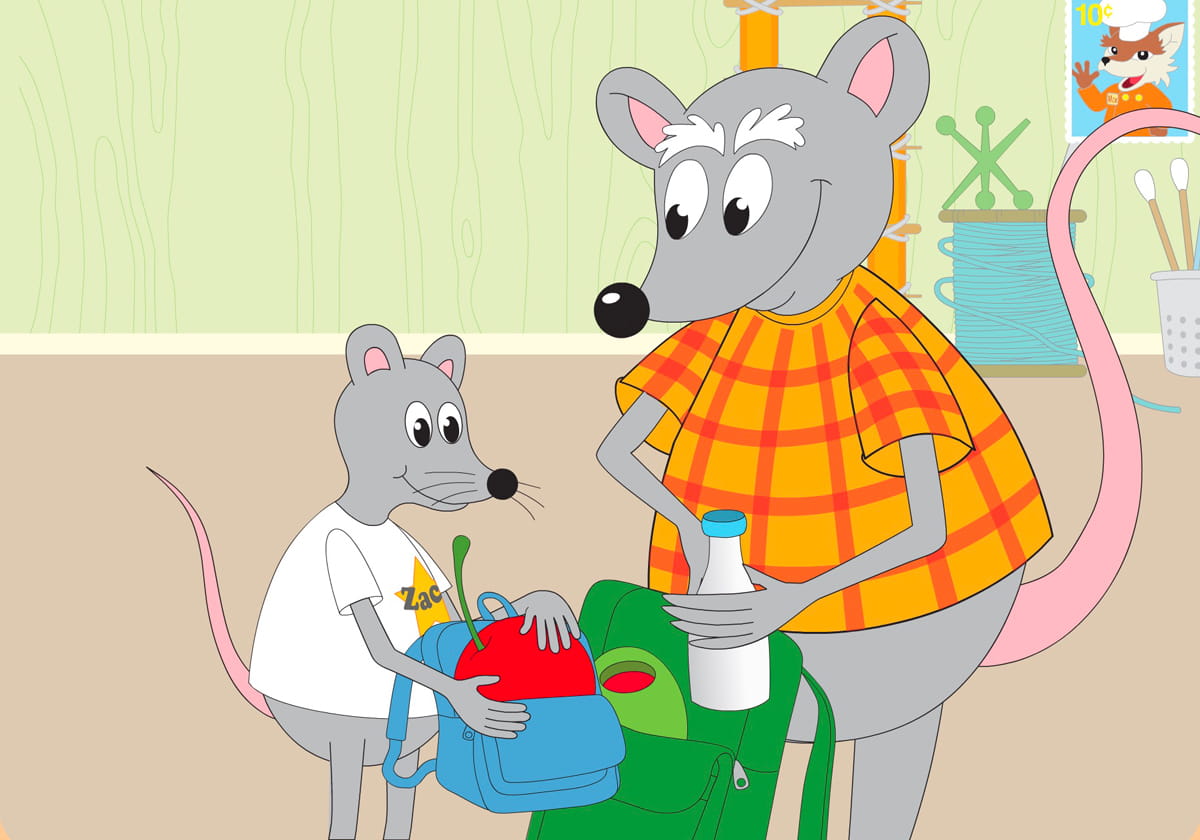 Zac and his dad pack food and supplies into their backpacks.