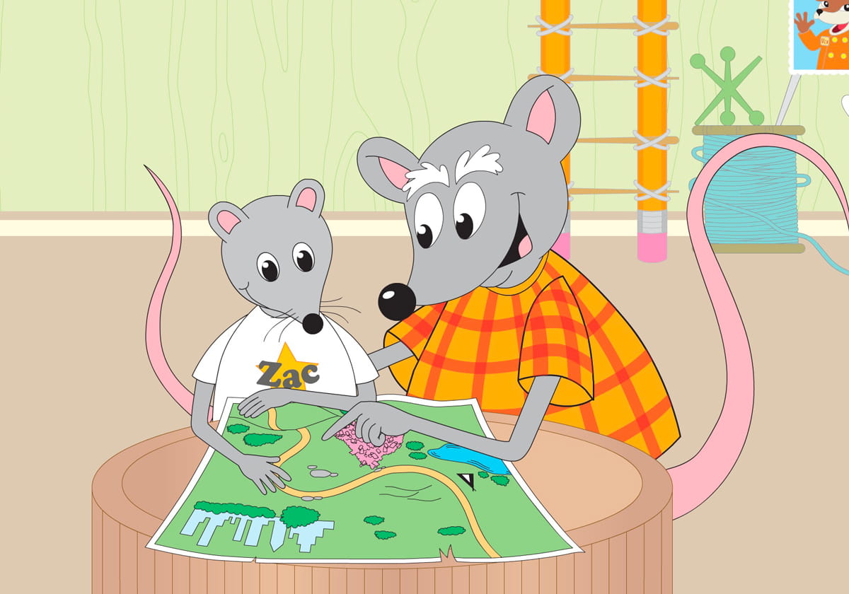Zac and his dad study a map together on top of the table.