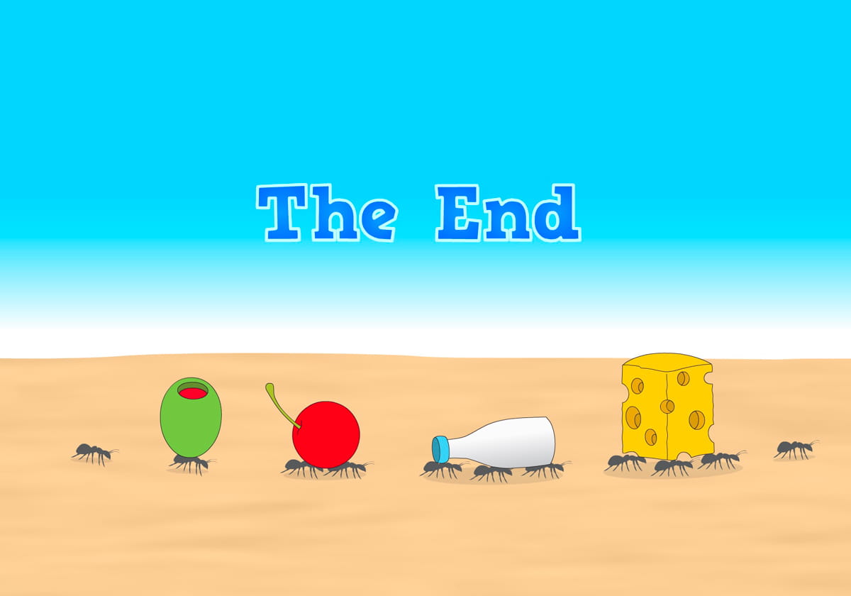 The words - The End - appear in the sky as ants carry food away in a line.